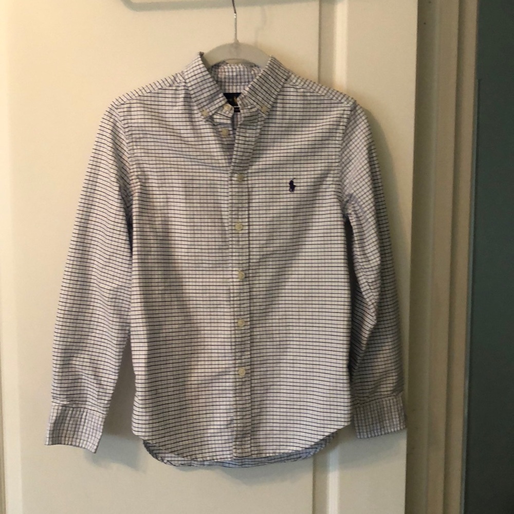 Ralph Lauren Boys Button Down Polo Shirt White with Navy and Blue pattern sz 14